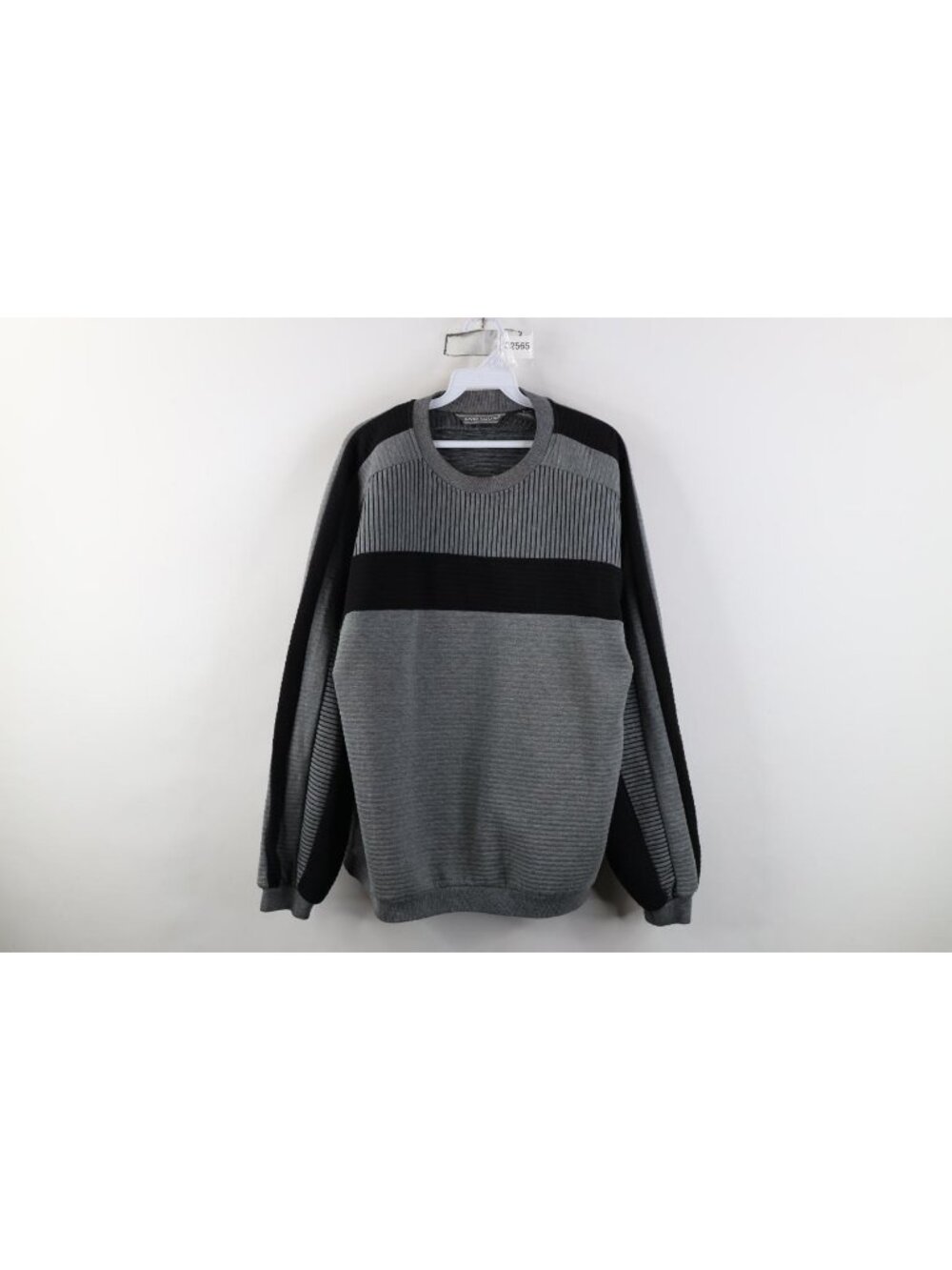 Vintage 90s Streetwear Mens Large Striped Ribbed Knit Crewneck Sweatshirt Gray